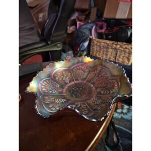 ANTIQUE FENTON BLUE CARNIVAL GLASS PEACOCK AND GRAPE 9" BOWL